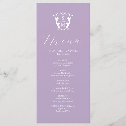 Menus mariage Simple Monogram Crest Lilac (Devant)