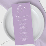 Menus mariage simple Monogram Lavender<br><div class="desc">Cet élégant menu mariage de lavande présente un monogramme simple avec les initiales de la mariée et du marié encerclées par l'art de la ligne blanche. Le mot "Menu" est défini dans le script de calligraphie. Utilisez les champs modèle pour ajouter vos éléments de menu personnalisés. Parfait pour les mariages,...</div>