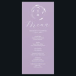 Menus mariage simple Monogram Lavender<br><div class="desc">Ce élégant menu de mariage violet présente un simple monogramme encerclé par l'art de la ligne de lavande. Le mot "Menu" est défini dans le script de calligraphie. Utilisez les champs modèle pour ajouter les initiales, les noms et les éléments de menu personnalisés de la mariée et du marié. Parfait...</div>