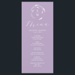 Menus mariage simple Monogram Lavender<br><div class="desc">Ce élégant menu de mariage violet présente un simple monogramme encerclé par l'art de la ligne de lavande. Le mot "Menu" est défini dans le script de calligraphie. Utilisez les champs modèle pour ajouter les initiales, les noms et les éléments de menu personnalisés de la mariée et du marié. Parfait...</div>