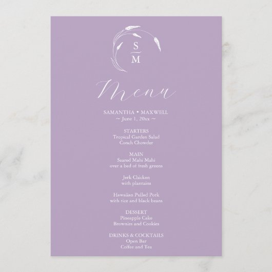 Menus mariage simple Monogram Lavender (Devant)