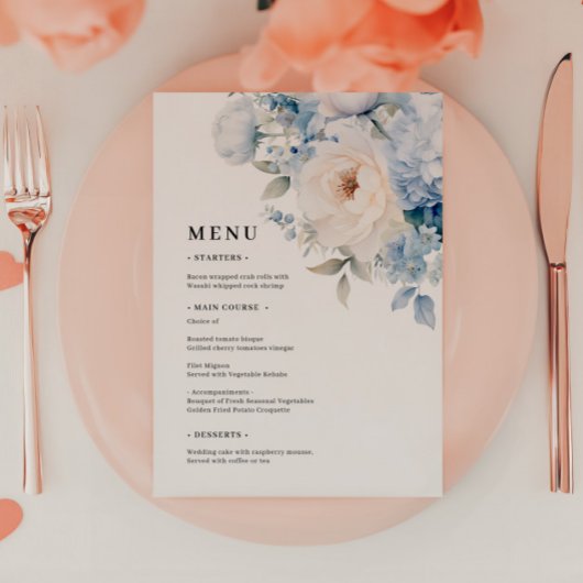 Menus Mariages de fleurs bleues et blanches