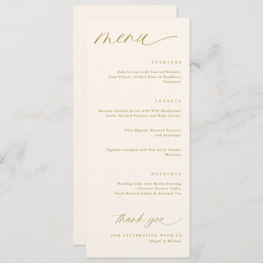 Menus romantique de script de crème et de Mariage  (Devant / Derrière)