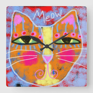 Meow Abstracte Cat Art Vierkante Klok