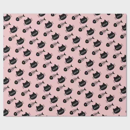Meow Black Cat Face Fishbone Pattern roze Cadeaupapier (Vlak)