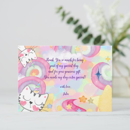 Meow-gische caticorn regenboogkinderen verjaardag bedankkaart (Staand voorkant)