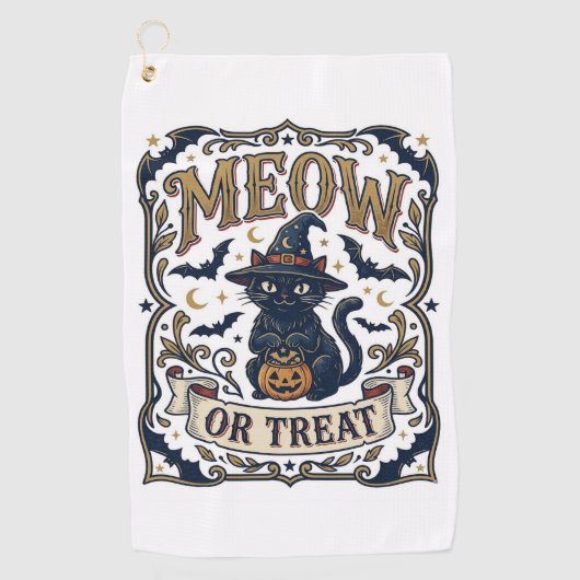 Meow Of Behandeling Kat Halloween Griezeld Kat Vin Golfhanddoek (Voorkant)