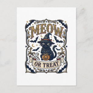 Meow Of Treat Kat Halloween Griezeldier Kat Vintag Briefkaart