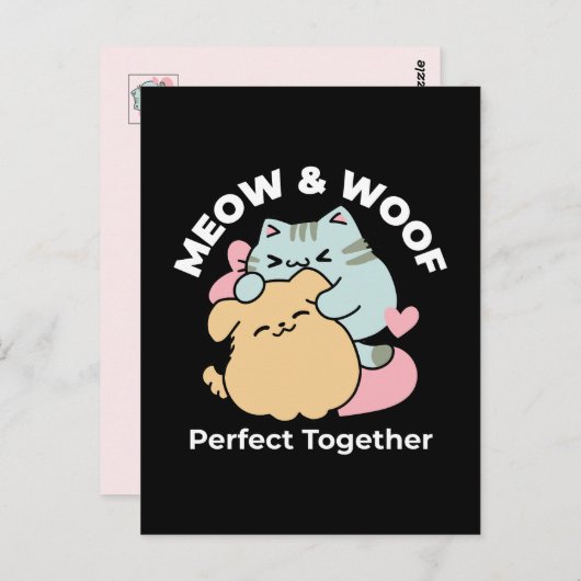 Meow & Woof Perfect Together - Schattigee kat en h Briefkaart (Voorkant / Achterkant)