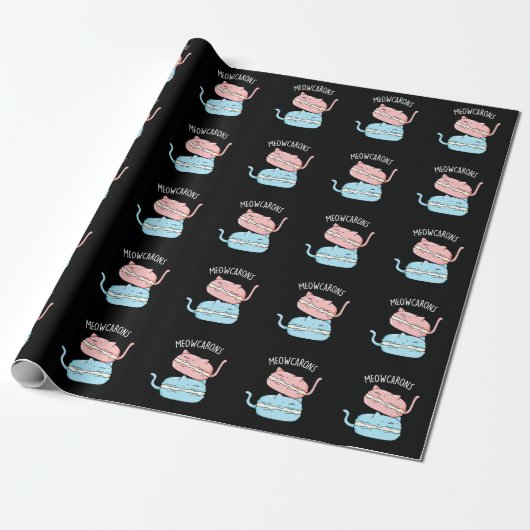 Meowcarons Funny Macaron Pun Dark BG Cadeaupapier (Uitgerold)