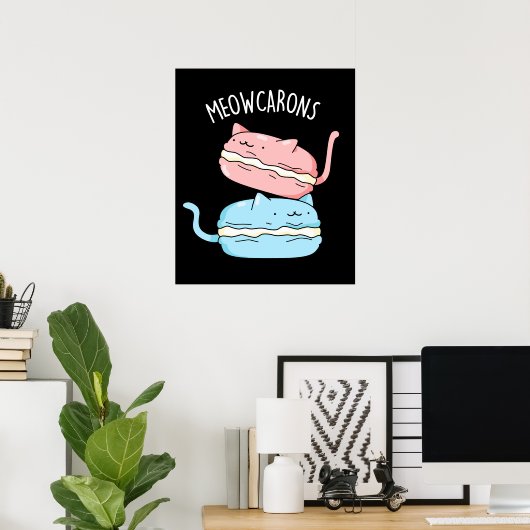 Meowcarons Funny Macaron Pun Dark BG Poster (Thuiskantoor)