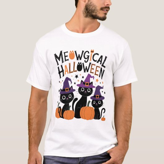Meowgical Halloween - Schattigee heksenkatten om t T-shirt (Voorkant)