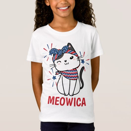 "Meowica" Kat rood, wit en blauw T-shirt (Voorkant)