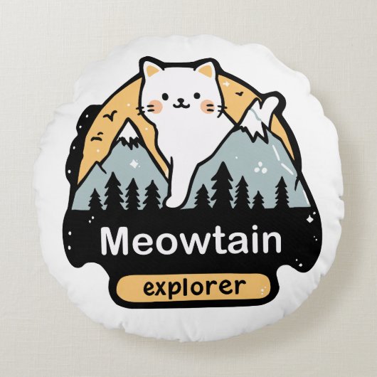 Meowtain Explorer – Cute Cat Adventure Design Rond Kussen (Voorkant)