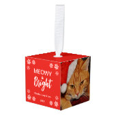 Meowy & Bright 3 Cat Photos Cute Pet Red Christmas Kubus Ornament (Voorkant hoekig)