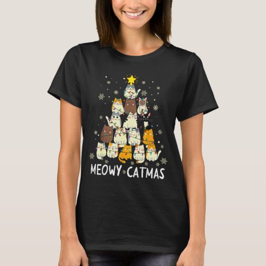Meowy Catmas Cat Christmas Tree Xmas Girls Boys Fu T-shirt (Voorkant)