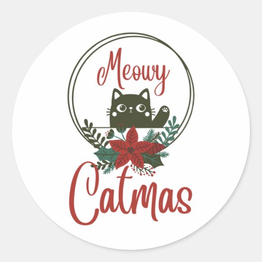 Meowy Catmas, Grappige Kerstmis Ronde Sticker (Voorkant)