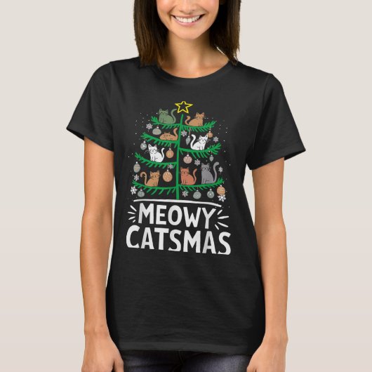 Meowy Catmas met kerstkerstbomen en kerstmis Funny T-shirt (Voorkant)