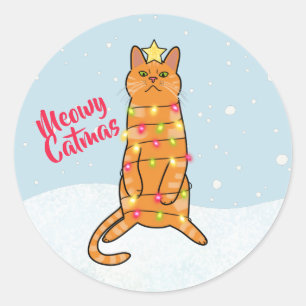 Meowy catmas pun grappige kerstlichten voor katten ronde sticker