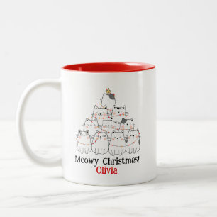 Meowy Christmas Cat Tree Mok – Custom Name Holiday
