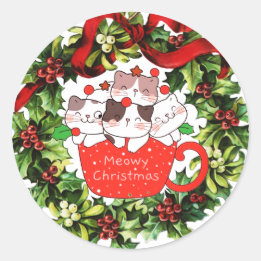 Meowy Christmas Cats in een Cup Schattigee krans S Ronde Sticker