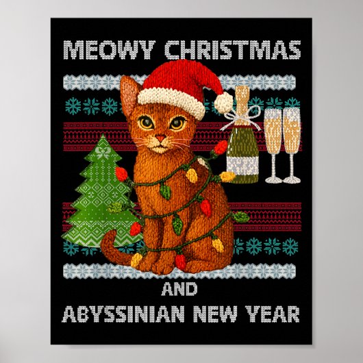 Meowy Christmas Funny Abyssinian Cat Santa Hat Ugl Poster (Voorkant)
