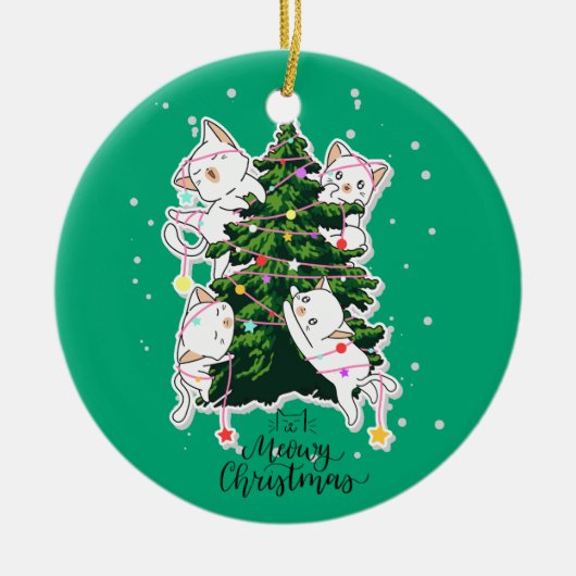 Meowy Christmas | Grappige kat illustratie Keramisch Ornament (Voorkant)
