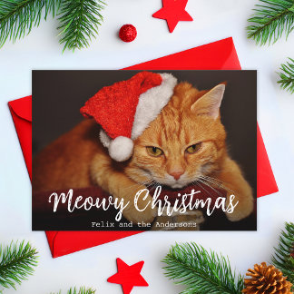 Meowy Christmas Pet Photo Cat met rode kerstmuts Feestdagenkaart