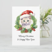 Meowy Kerst Schattige Funny Cat Op Santa Hat Feestdagenkaart (Staand voorkant)