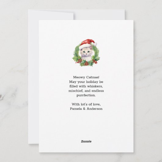 Meowy Kerst Schattige Funny Cat Op Santa Hat Feestdagenkaart (Achterkant)