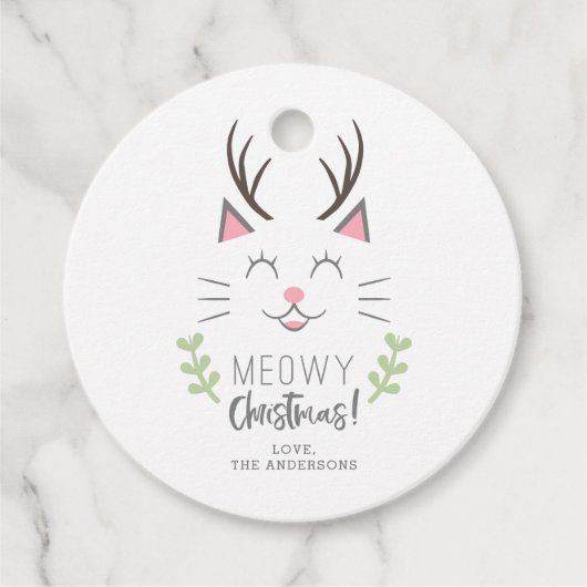Meowy Kerst Schattigee Kat met Antlers Vakantie Bedankjes Labels (Voorkant)