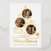 Meowy kerstboomkat 3 Foto's huisdieren Folie Feestdagenkaart (Voorkant)