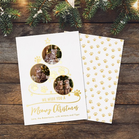 Meowy kerstboomkat 3 Foto's huisdieren Folie Feestdagenkaart