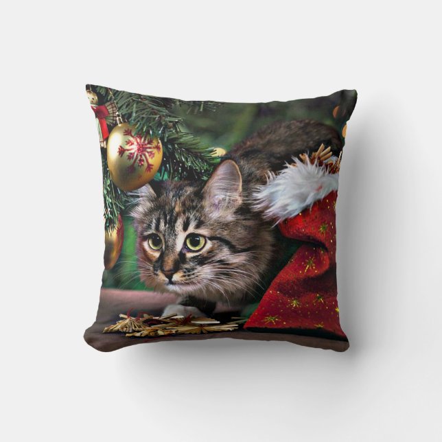 Meowy Kerstfeest Funny Kitty Cat Pillow Kussen (Voorkant)