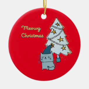 Meowy kerstkat en boom keramisch ornament