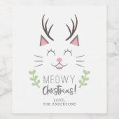 Meowy Kerstkat met gewei Xmas Wijn Etiket (Enkel label)
