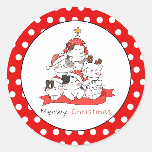Meowy kerstkatten ronde sticker (Voorkant)
