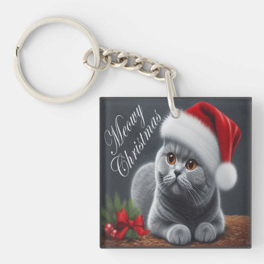 Meowy Kerstmis Britse Korthaar Santa Cat Sleutelhanger (voorkant)