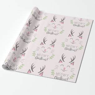 Meowy Kerstmis   Funny Cat met Antlers Patroon Cadeaupapier