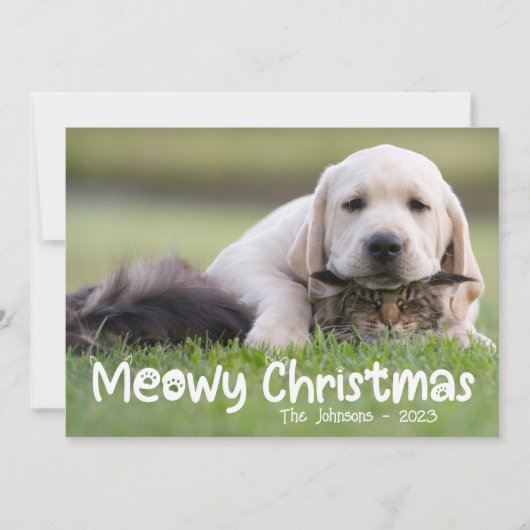 Meowy Kerstmis Kat Hond Familie Foto Feestdagenkaart (Voorkant)