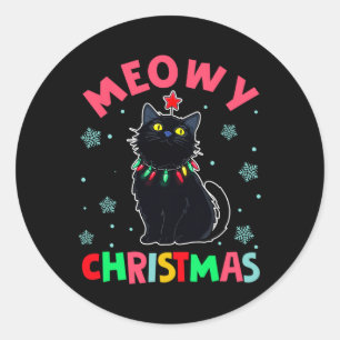 Meowy Kerstmis Kerstverlichting Zwarte Kat Pyjama Ronde Sticker