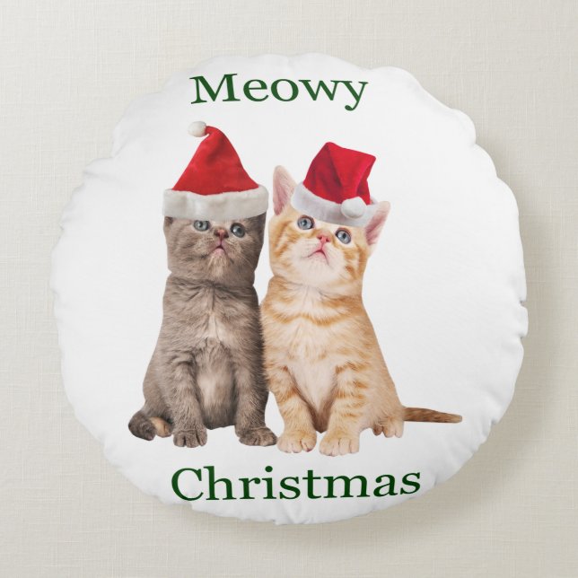 Meowy Kerstmis Kitten Round Pillow Rond Kussen (Voorkant)