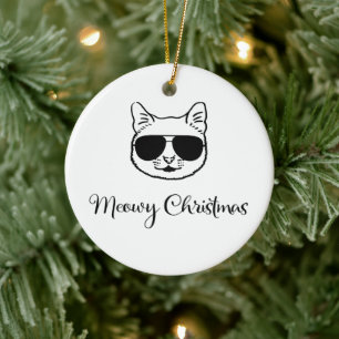 “Meowy Kerstmis” Koele Kat Met Zonnebril Keramisch Ornament