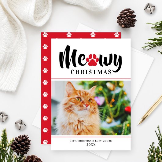 Meowy Kerstmis Modern Red Cat Foto Holiday Card