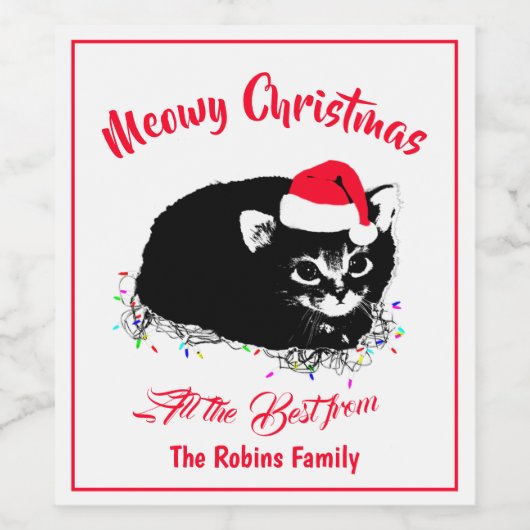 Meowy Kerstmis, Santa Hat Cat Wijn Etiket (Enkel label)