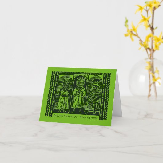 Meowy Kerstmis voor Nephew Three Wise Cats Magi Kaart (Gele Bloem)
