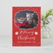 Meowy Kerstmis White Script Pet Cat Foto Feestdagenkaart (Staand voorkant)