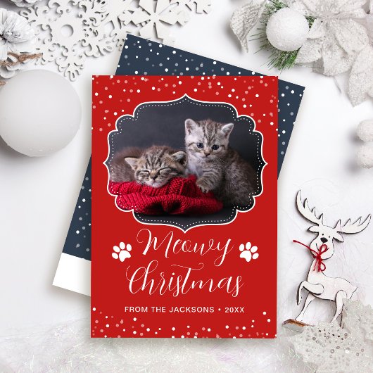 Meowy Kerstmis White Script Pet Cat Foto Feestdagenkaart
