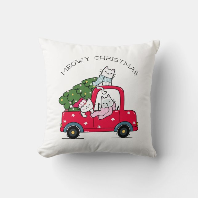 Meowy Kerstrode vrachtwagen met feestdag Kussen (Voorkant)
