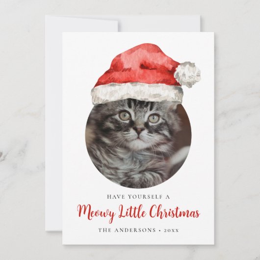 Meowy Little Christmas Santa Hat Kat Foto Feestdagenkaart (Voorkant)